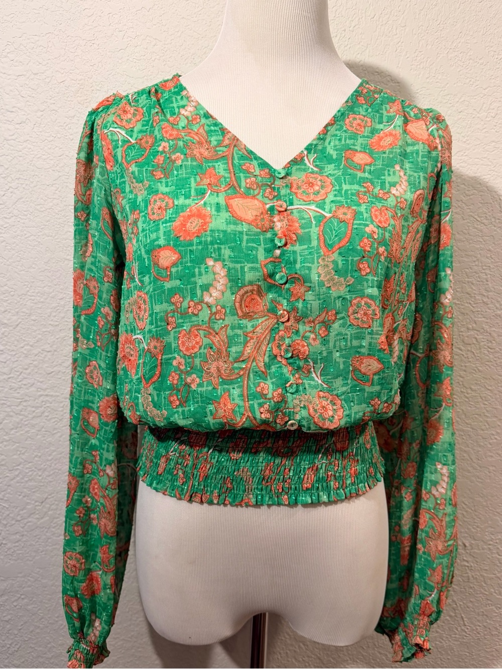 Maison d’ Amelie Green Floral V-Neck Long-Sleeve Smocked Waist Blouse